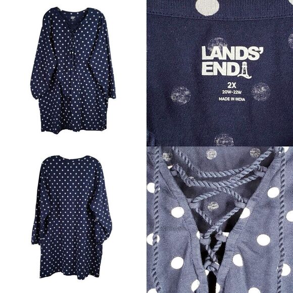 Lands End Dress Womens Plus 2X Blue Polka Dot Cotton Stretch Knit Tunic - Picture 1 of 10